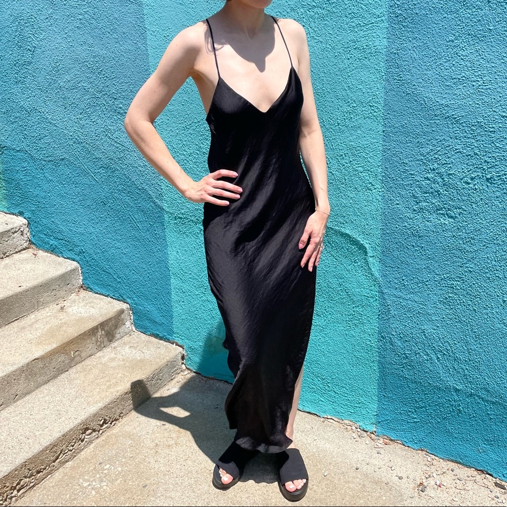 Slinky Topshop Black Backless Cowl Neck Satin Slip Dress with Slits